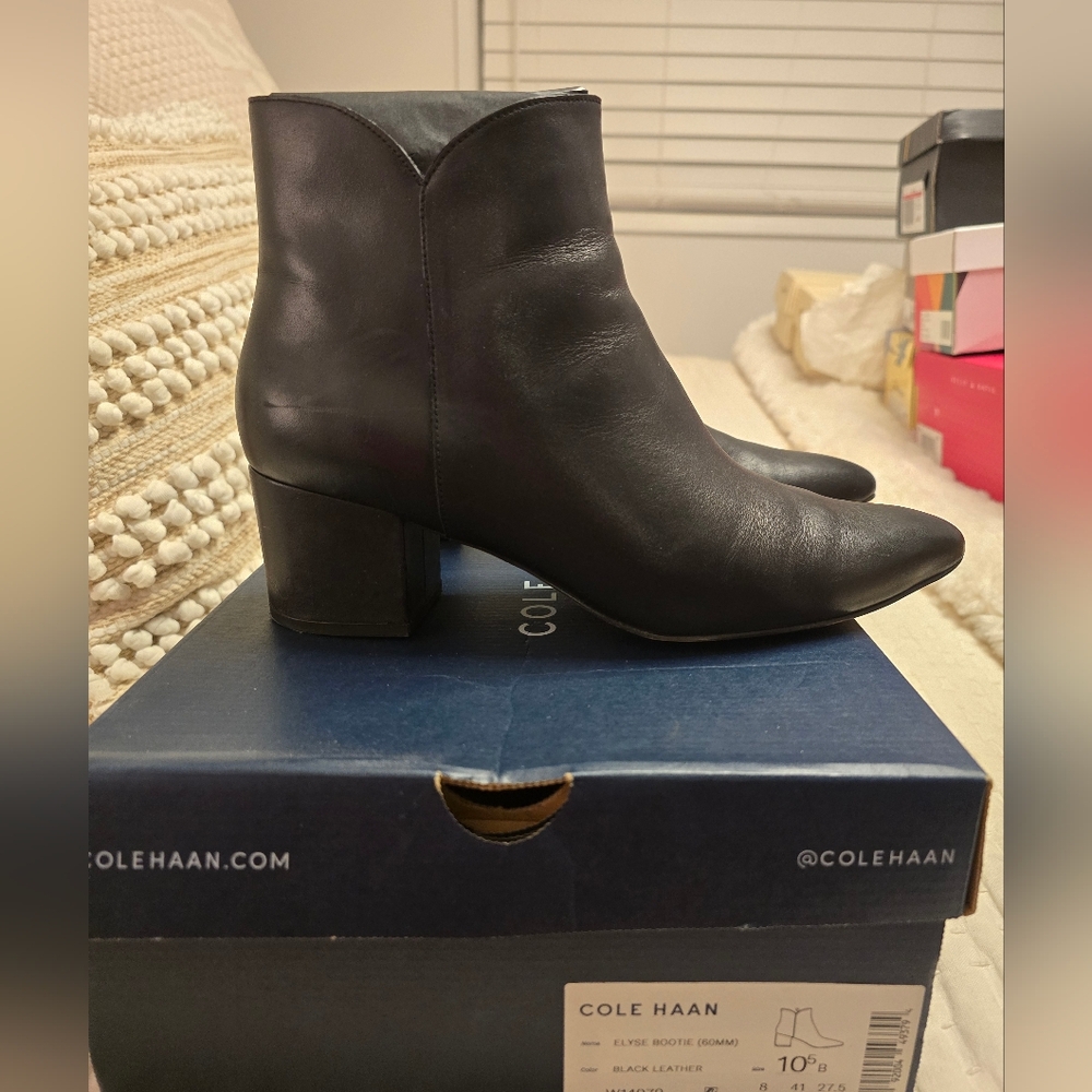 Cole Haan Elyse Bootie Black Leather 60mm Block Heel